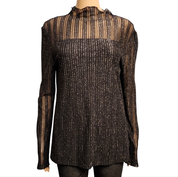 Adiva Tops - Semi Sheer Black Shimmery Mock Neck Blouse Size L